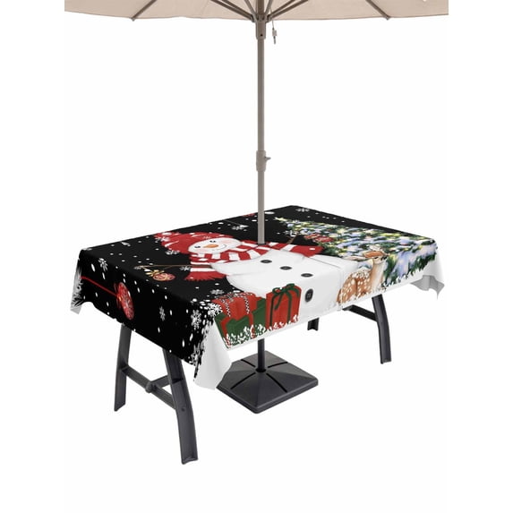 Outdoor Tablecloth with Umbrella Hole and Zipper, Black Christmas Rectangle Table Cloth 60x102 Inch Waterproof Tablecloth, Snowman Xmas Balls Pine Needle Tree Picnic Table Cover for Patio Camping