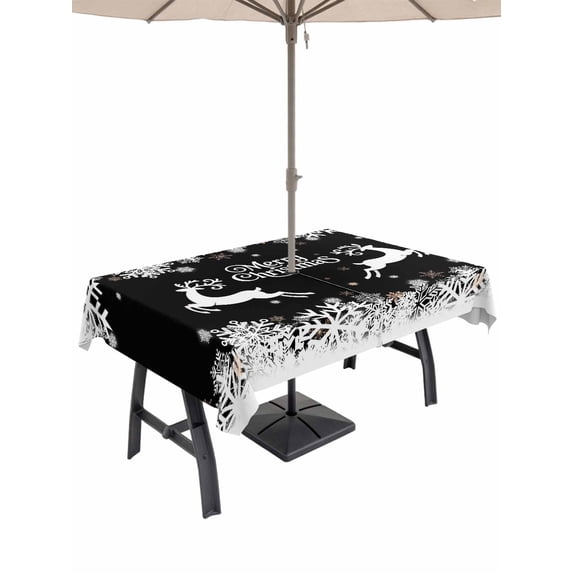 Outdoor Tablecloth with Umbrella Hole and Zipper, Black Christmas Rectangle Table Cloth 60x120 Inch Waterproof Tablecloth, Elk Xmas Snowflake Winter Deer Picnic Table Cover for Patio Camping