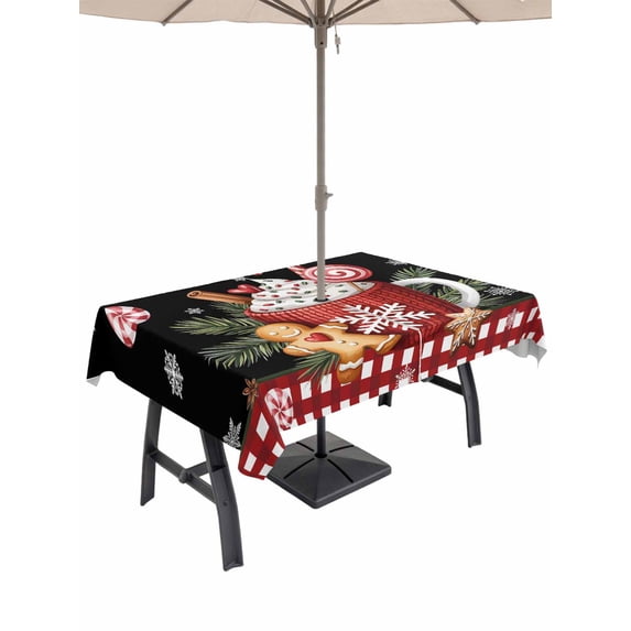 Outdoor Tablecloth with Umbrella Hole and Zipper, Black Christmas Rectangle Table Cloth 60x120 Inch Waterproof Tablecloth, Ice Cream Snowflakes Pine Needles Check Picnic Table Cover for Patio Camping