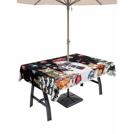 Outdoor Tablecloth with Umbrella Hole and Zipper, Black Christmas Rectangle Table Cloth 60x120 Inch Waterproof Tablecloth, Snowman Poinsettia Cat Snowy Pine Branch Picnic Table Cover for Patio