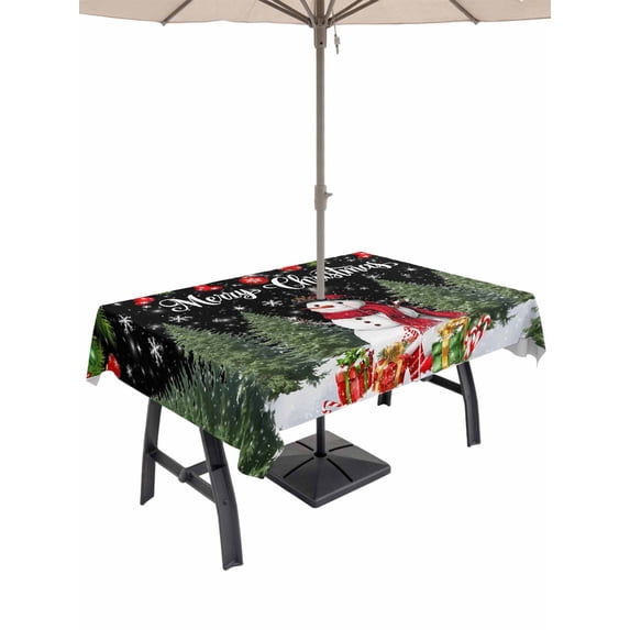 Outdoor Tablecloth with Umbrella Hole and Zipper, Black Christmas Rectangle Table Cloth 60x120 Inch Waterproof Tablecloth, Xmas Tree Ball Snowflake Winter Gifts Picnic Table Cover for Patio Camping