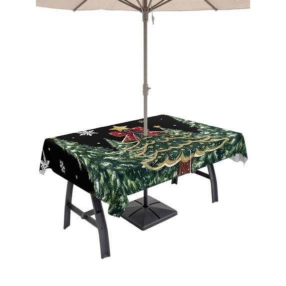 Outdoor Tablecloth with Umbrella Hole and Zipper, Black Christmas Rectangle Table Cloth 60x84 Inch Waterproof Tablecloth, Snowflake Xmas Christmas Tree Picnic Table Cover for Patio Camping