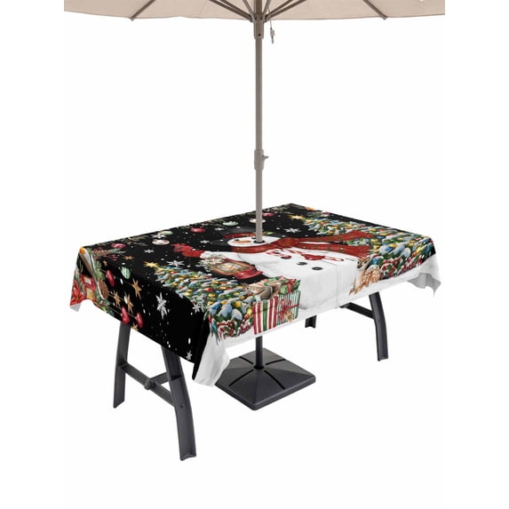 Outdoor Tablecloth with Umbrella Hole and Zipper, Black Christmas Rectangle Table Cloth 60x84 Inch Waterproof Tablecloth, Snowman Xmas Tree Ball Snowflake Winter Picnic Table Cover for Patio Camping