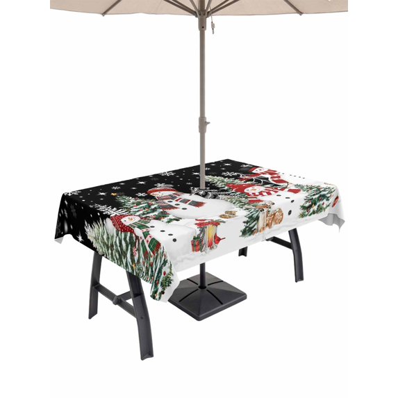 Outdoor Tablecloth with Umbrella Hole and Zipper, Black Christmas Rectangle Table Cloth 60x84 Inch Waterproof Tablecloth, Snowman Xmas Tree Snowflake Winter Picnic Table Cover for Patio Camping