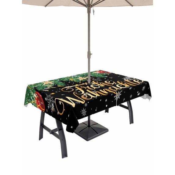Outdoor Tablecloth with Umbrella Hole and Zipper, Black Christmas Rectangle Table Cloth 60x84 Inch Waterproof Tablecloth, Xmas Balls Snowflake Winter Picnic Table Cover for Patio Camping