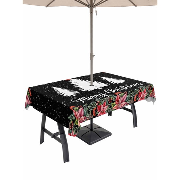 Outdoor Tablecloth with Umbrella Hole and Zipper, Black Christmas Rectangle Table Cloth 60x84 Inch Waterproof Tablecloth, Xmas Tree Snowflake Poinsettia Picnic Table Cover for Patio Camping