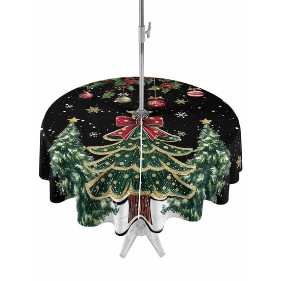 Outdoor Tablecloth with Umbrella Hole and Zipper, Black Christmas Round Table Cloth 54 Inch Waterproof Tablecloth, Xmas Christmas Tree Snowflake Picnic Table Cover for Patio Camping