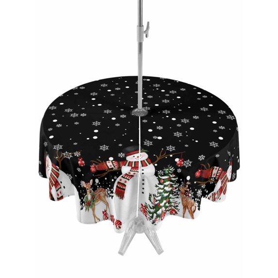 Outdoor Tablecloth with Umbrella Hole and Zipper, Black Christmas Round Table Cloth 60 Inch Waterproof Tablecloth, Snowflake Xmas Tree Ball Elk Winter Picnic Table Cover for Patio Camping