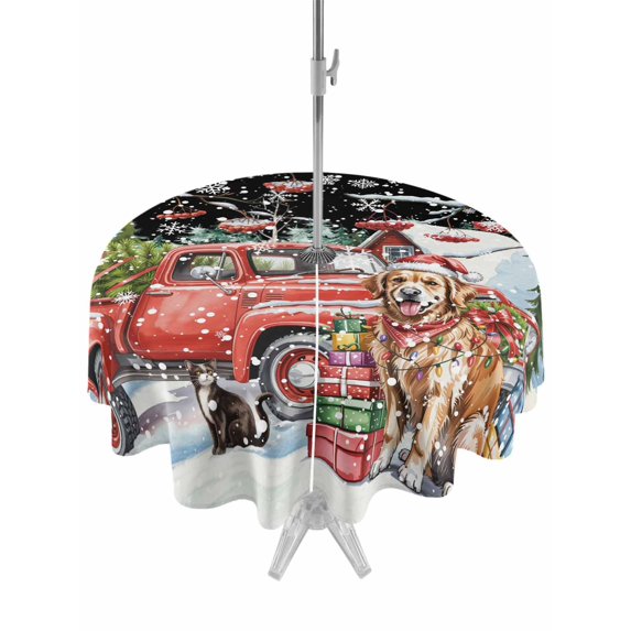 Outdoor Tablecloth with Umbrella Hole and Zipper, Black Christmas Round Table Cloth 60 Inch Waterproof Tablecloth, Xmas Winter Snowflakes Red Truck Dogs Picnic Table Cover for Patio Camping