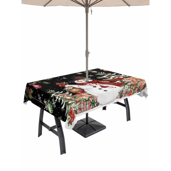 Outdoor Tablecloth with Umbrella Hole and Zipper, Black Christmas Snowman Rectangle Table Cloth 60x84 Inch Waterproof Tablecloth, Xmas Snowflake Elk Tree Balls Picnic Table Cover for Patio Camping