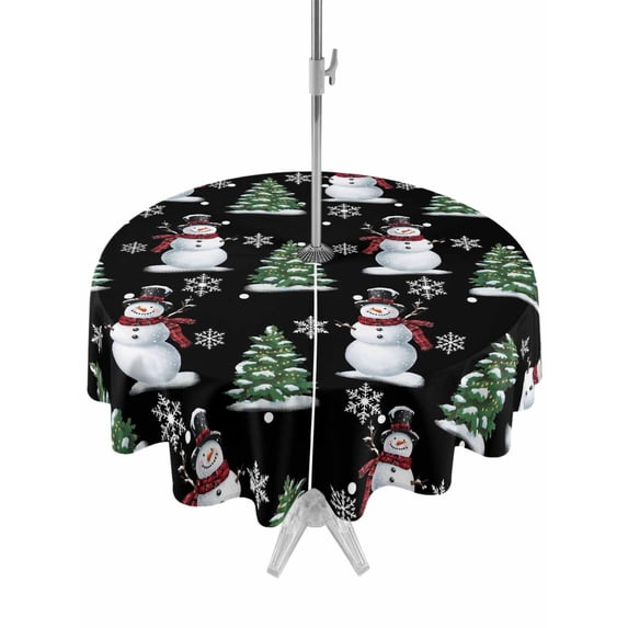Outdoor Tablecloth with Umbrella Hole and Zipper, Black Christmas Snowman Round Table Cloth 60 Inch Waterproof Tablecloth, Winter Snowflakes Xmas Tree Forest Picnic Table Cover for Patio Camping