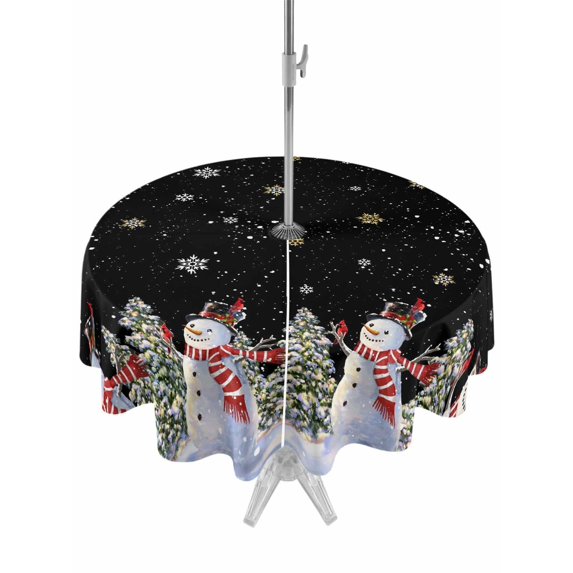 Outdoor Tablecloth with Umbrella Hole and Zipper, Black Christmas Snowman Round Table Cloth 60 Inch Waterproof Tablecloth, Winter Xmas Tree Snowflakes Picnic Table Cover for Patio Camping