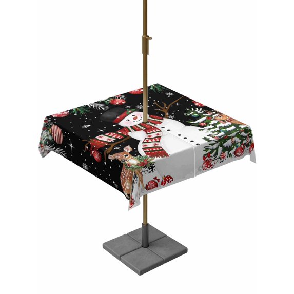 Outdoor Tablecloth with Umbrella Hole and Zipper, Black Christmas Square Table Cloth 54x54 Inch Waterproof Tablecloth, Snowman Xmas Tree Ball Elk Snowflake Picnic Table Cover for Patio Camping