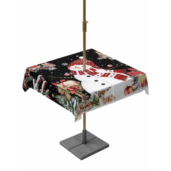 Outdoor Tablecloth with Umbrella Hole and Zipper, Black Christmas Square Table Cloth 60x60 Inch Waterproof Tablecloth, Red Snowman Xmas Tree Snowflake Winter Picnic Table Cover for Patio Camping