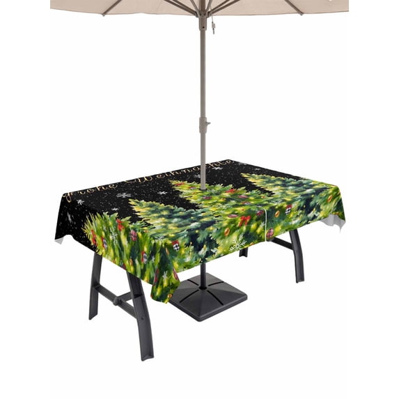 Outdoor Tablecloth with Umbrella Hole and Zipper, Black Christmas Tree Rectangle Table Cloth 54x80 Inch Waterproof Tablecloth, Xmas Tree Snowflake Winter Holiday Picnic Table Cover for Patio Camping