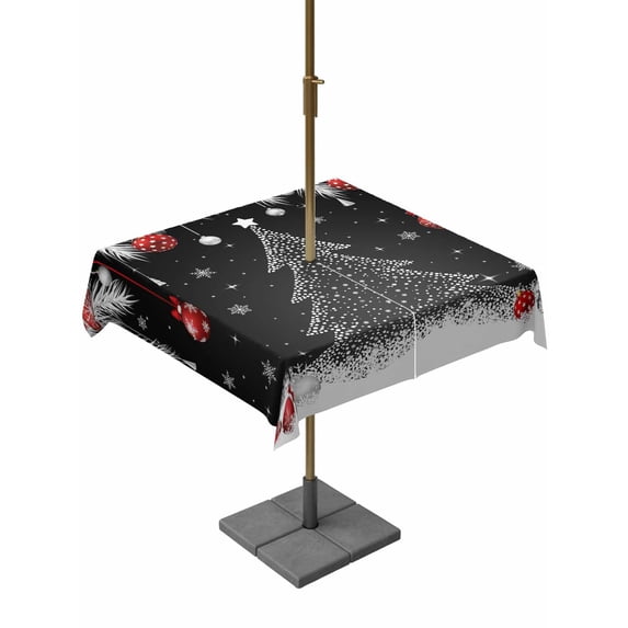 Outdoor Tablecloth with Umbrella Hole and Zipper, Black Christmas Tree Square Table Cloth 60x60 Inch Waterproof Tablecloth, Xmas Balls Pine Needles Snowflake Picnic Table Cover for Patio Camping