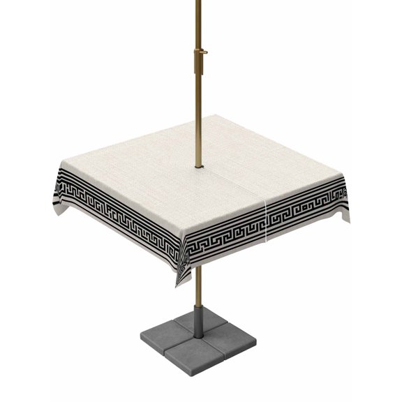 Outdoor Tablecloth with Umbrella Hole and Zipper, Black Cream Greek Key Square Table Cloth 54x54 Inch Waterproof Tablecloth, Geometric Greece Ancient Rustic Picnic Table Cover for Patio Camping