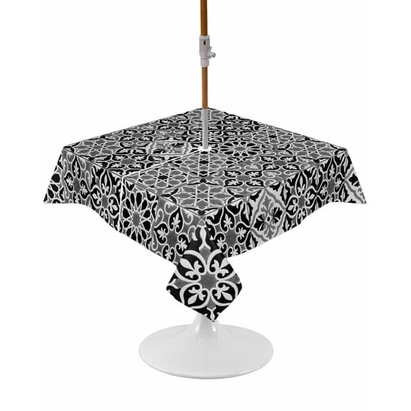 Outdoor Tablecloth with Umbrella Hole and Zipper Black Floral Block Square Tablecloths 54x54 Inch Waterproof Table Cloths Geometric Morocco Art Patio Table Cover for Outdoor Tables Picnic BBQS Party