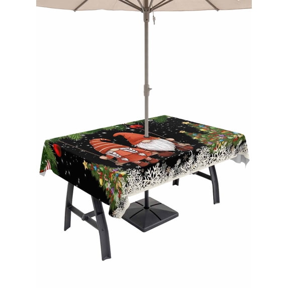 Outdoor Tablecloth with Umbrella Hole and Zipper, Black Gnomes Christmas Rectangle Table Cloth 54x80 Inch Waterproof Tablecloth, Xmas Tree Balls Snowflake Picnic Table Cover for Patio Camping