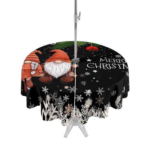 Outdoor Tablecloth with Umbrella Hole and Zipper, Black Gnomes Christmas Round Table Cloth 54 Inch Waterproof Tablecloth, Xmas Weeping Balls Snowflake Picnic Table Cover for Patio Camping