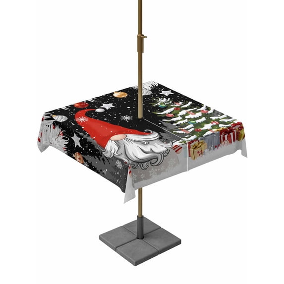 Outdoor Tablecloth with Umbrella Hole and Zipper, Black Gnomes Christmas Square Table Cloth 60x60 Inch Waterproof Tablecloth, Snowflake Xmas Tree Gifts Winter Picnic Table Cover for Patio Camping