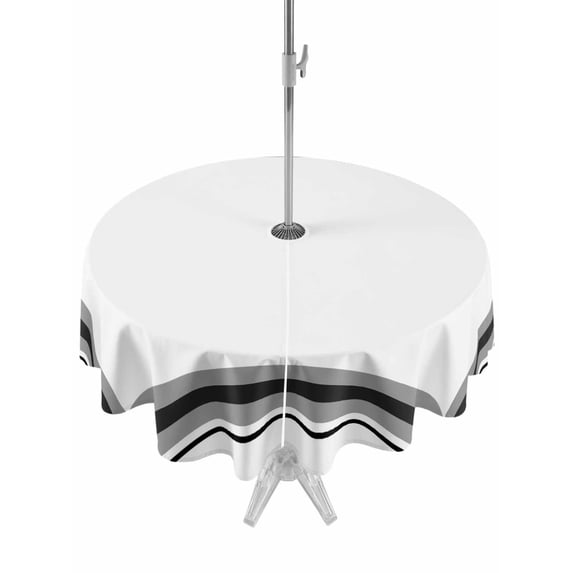 Outdoor Tablecloth with Umbrella Hole Zipper Black Gray Grid Round Tablecloth 60" Waterproof Outside Table Cloth Modern Minimalist Striped Pattern Patio Table Cover Tablecloths for Picnic Party