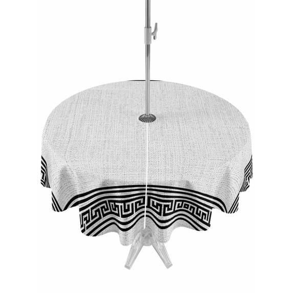 Outdoor Tablecloth with Umbrella Hole and Zipper, Black Gray Retro Greek Key Round Table Cloth 60 Inch Waterproof Tablecloth, Greece Ancient Rustic Geometric Picnic Table Cover for Patio Camping