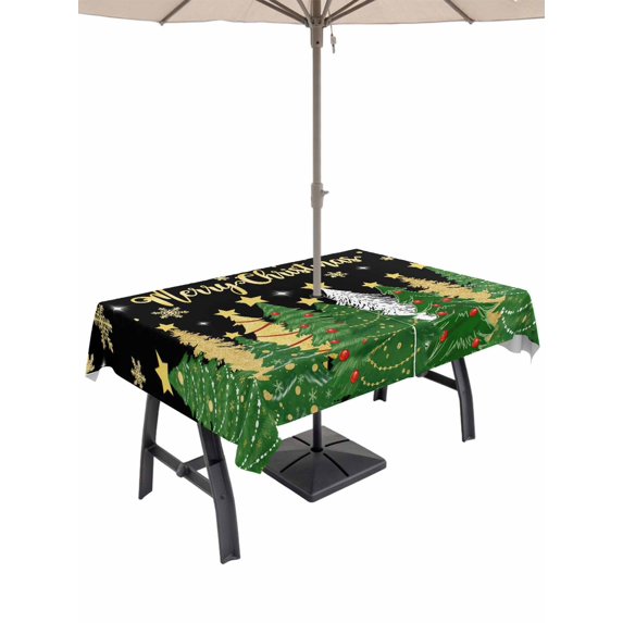 Outdoor Tablecloth with Umbrella Hole and Zipper, Black Green Christmas Rectangle Table Cloth 60x102 Inch Waterproof Tablecloth, Xmas Tree Stars Snowflake Winter Picnic Table Cover for Patio Camping