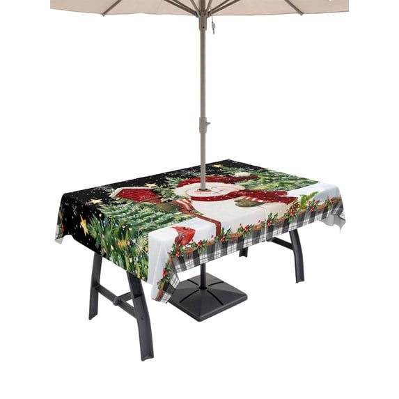 Outdoor Tablecloth with Umbrella Hole and Zipper, Black Green Snowman Christmas Rectangle Table Cloth 60x120 Inch Waterproof Tablecloth, Xmas Tree Snowflake Winter Picnic Table Cover for Patio
