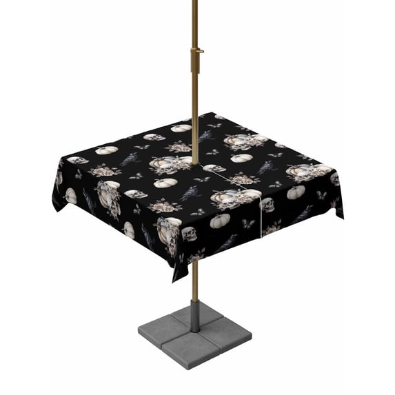 Outdoor Tablecloth with Umbrella Hole and Zipper, Black Halloween Square Table Cloth 60x60 Inch Waterproof Tablecloth, Pumpkin Skull Floral Botanical Picnic Table Cover for Patio Camping