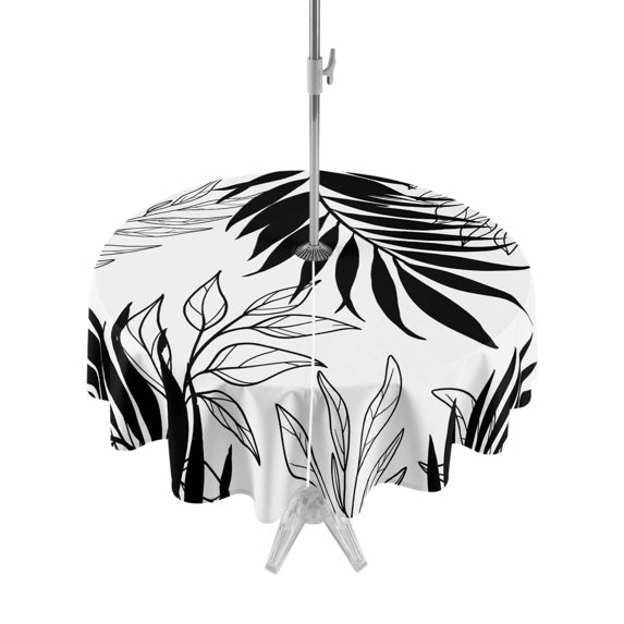 Outdoor Tablecloth with Umbrella Hole and Zipper, Black Leaves Round Table Cloth 54 Inch Waterproof Tablecloth, Abstract Modern Geometric Lines Simple Art Picnic Table Cover for Patio Camping