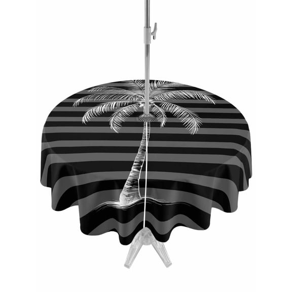 Outdoor Tablecloth with Umbrella Hole Zipper Black Palm Tree Round Tablecloth 54" Waterproof Outside Table Cloth Summer Tropical Jungle Plants Striped Patio Table Cover Tablecloths for Picnic Party