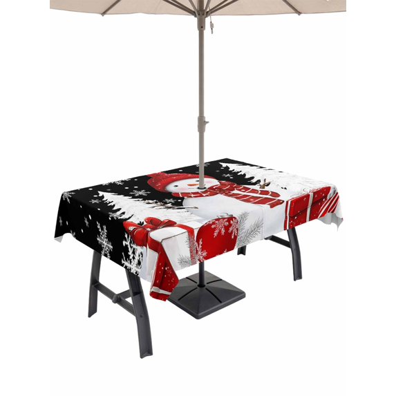 Outdoor Tablecloth with Umbrella Hole and Zipper, Black Plaid Christmas Rectangle Table Cloth 60x84 Inch Waterproof Tablecloth, Snowman Gifts Xmas Tree Winter Snowflake Picnic Table Cover for Patio