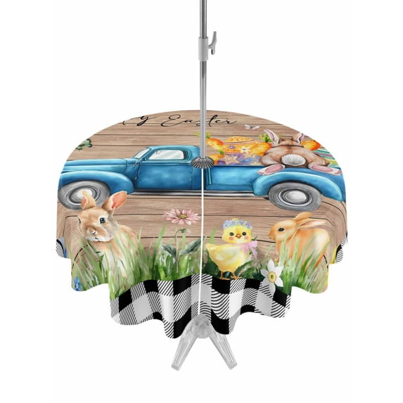 Outdoor Tablecloth with Umbrella Hole and Zipper, Black Plaid Easter Round Table Cloth 54 Inch Waterproof Tablecloth, Truck Spring Floral Bunny Animals Wooden Picnic Table Cover for Patio Camping