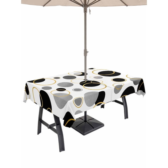 Outdoor Tablecloth with Umbrella Hole and Zipper, Black Polka Dots Rectangle Table Cloth 60x102 Inch Waterproof Tablecloth, Modern Abstract Art Picnic Table Cover for Patio Camping
