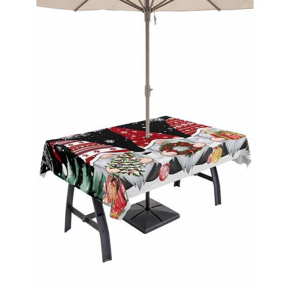 Outdoor Tablecloth with Umbrella Hole and Zipper, Black Red Christmas Rectangle Table Cloth 60x102 Inch Waterproof Tablecloth, Gnomes Xmas Tree Snowflake Gifts Birds Picnic Table Cover for Patio