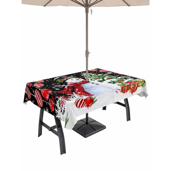 Outdoor Tablecloth with Umbrella Hole and Zipper, Black Red Christmas Rectangle Table Cloth 60x102 Inch Waterproof Tablecloth, Snowman Xmas Tree Ball Gifts Winter Picnic Table Cover for Patio Camping