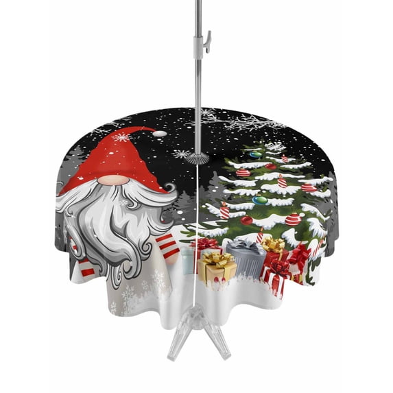Outdoor Tablecloth with Umbrella Hole and Zipper, Black Red Christmas Round Table Cloth 60 Inch Waterproof Tablecloth, Gnomes Xmas Tree Snowflake Winter Gifts Picnic Table Cover for Patio Camping