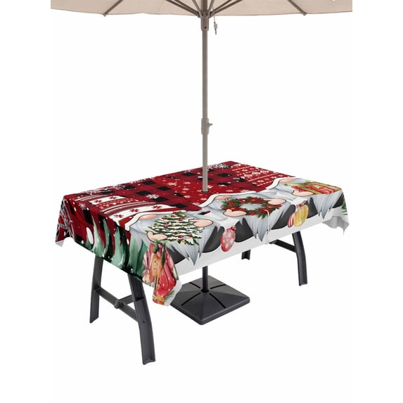 Outdoor Tablecloth with Umbrella Hole and Zipper, Black Red Plaid Christmas Rectangle Table Cloth 60x102 Inch Waterproof Tablecloth, Gnomes Xmas Tree Snowflake Gifts Birds Picnic Table Cover