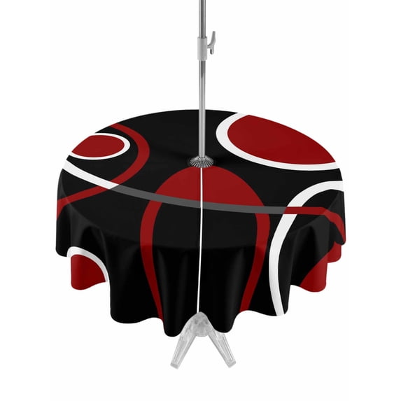 Outdoor Tablecloth with Umbrella Hole and Zipper, Black Red Round Table Cloth 60 Inch Waterproof Tablecloth, White Circle Geometric Abstract Texture Picnic Table Cover for Patio Camping