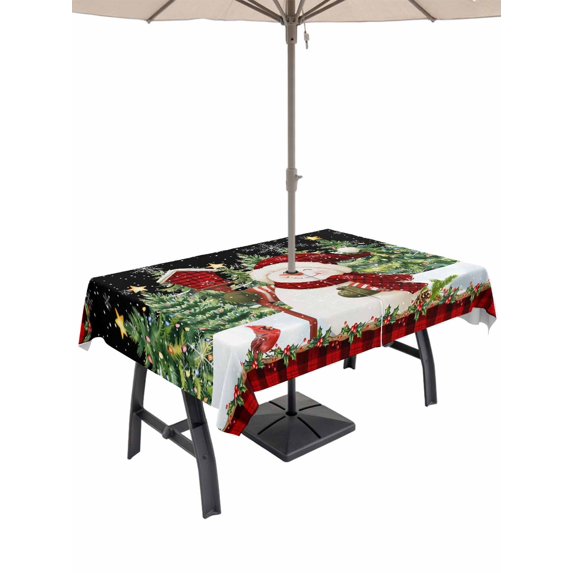 Outdoor Tablecloth with Umbrella Hole and Zipper, Black Red Snowman Christmas Rectangle Table Cloth 52x70 Inch Waterproof Tablecloth, Xmas Tree Snowflake Winter Picnic Table Cover for Patio Camping