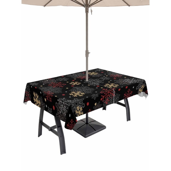 Outdoor Tablecloth with Umbrella Hole and Zipper, Black Snowflake Christmas Rectangle Table Cloth 60x84 Inch Waterproof Tablecloth, Red Yellow White Snowflake Picnic Table Cover for Patio Camping