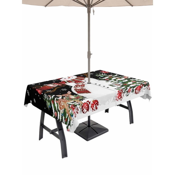 Outdoor Tablecloth with Umbrella Hole and Zipper, Black Snowman Christmas Rectangle Table Cloth 52x70 Inch Waterproof Tablecloth, Xmas Tree Ball Snowflake Elk Picnic Table Cover for Patio Camping