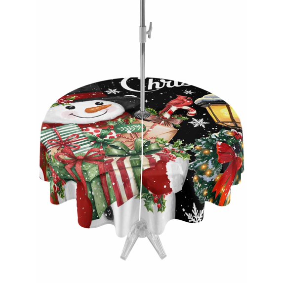 Outdoor Tablecloth with Umbrella Hole and Zipper, Black Snowman Christmas Round Table Cloth 60 Inch Waterproof Tablecloth, Xmas Snowflake Botanical Picnic Table Cover for Patio Camping