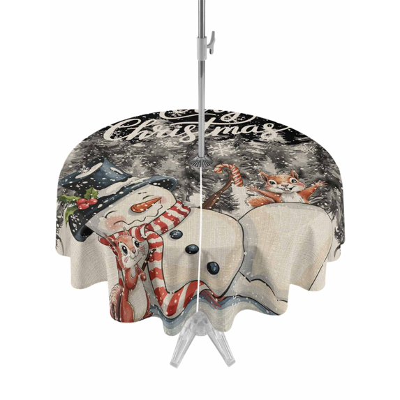 Outdoor Tablecloth with Umbrella Hole and Zipper, Black Snowman Christmas Round Table Cloth 60 Inch Waterproof Tablecloth, Xmas Tree Rustic Snowflake Picnic Table Cover for Patio Camping