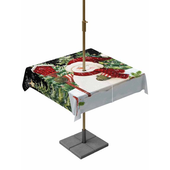 Outdoor Tablecloth with Umbrella Hole and Zipper, Black Snowman Christmas Square Table Cloth 60x60 Inch Waterproof Tablecloth, Green Xmas Tree Snowflake Winter Picnic Table Cover for Patio Camping