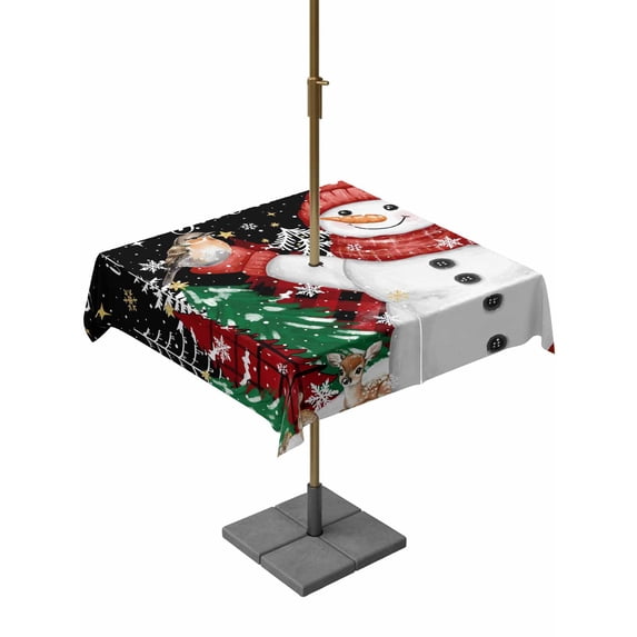 Outdoor Tablecloth with Umbrella Hole and Zipper, Black Snowman Christmas Square Table Cloth 60x60 Inch Waterproof Tablecloth, Snowflake Xmas Tree Winter Elk Picnic Table Cover for Patio Camping