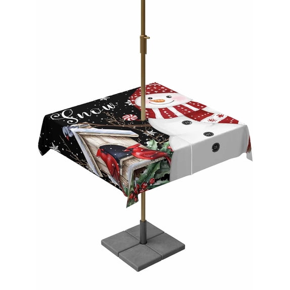 Outdoor Tablecloth with Umbrella Hole and Zipper, Black Snowman Christmas Square Table Cloth 60x60 Inch Waterproof Tablecloth, Xmas Snowflake Birds Berry Winter Picnic Table Cover for Patio Camping