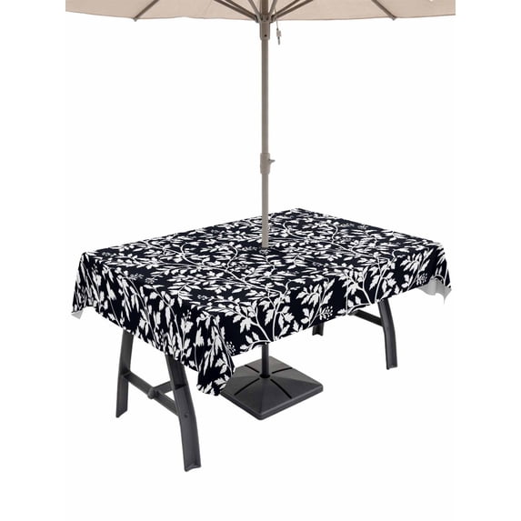 Outdoor Tablecloth with Umbrella Hole and Zipper, Black Spring Floral Rectangle Table Cloth 60x120 Inch Waterproof Tablecloth, Farmhouse Flowers Elegant Pastoral Picnic Table Cover for Patio Camping