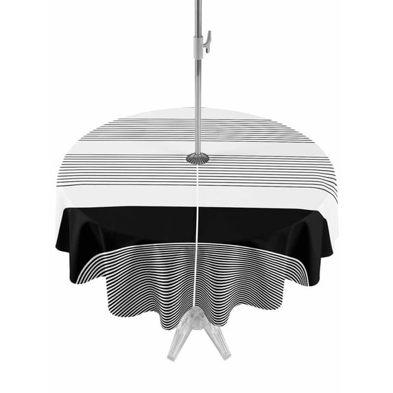 Outdoor Tablecloth with Umbrella Hole Zipper Black Stripe Round Tablecloth 60" Waterproof Outside Table Cloth Modern Rustic Horizontal Black Striped Patio Table Cover Tablecloths for Picnic Party